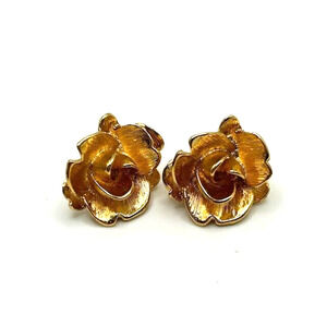 Rose Shaped Gold Tone Ear Hugging Clip On Floral Earrings Unsigned